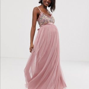 NWT, Maya Maternity cami strap contrast embellished top tulle detail maxi dress